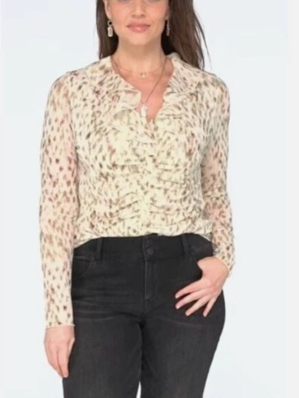 Cabi Dapple Top Long Sleeve Chic Ruffled‎ Cream Blouse Women's medium  S-1